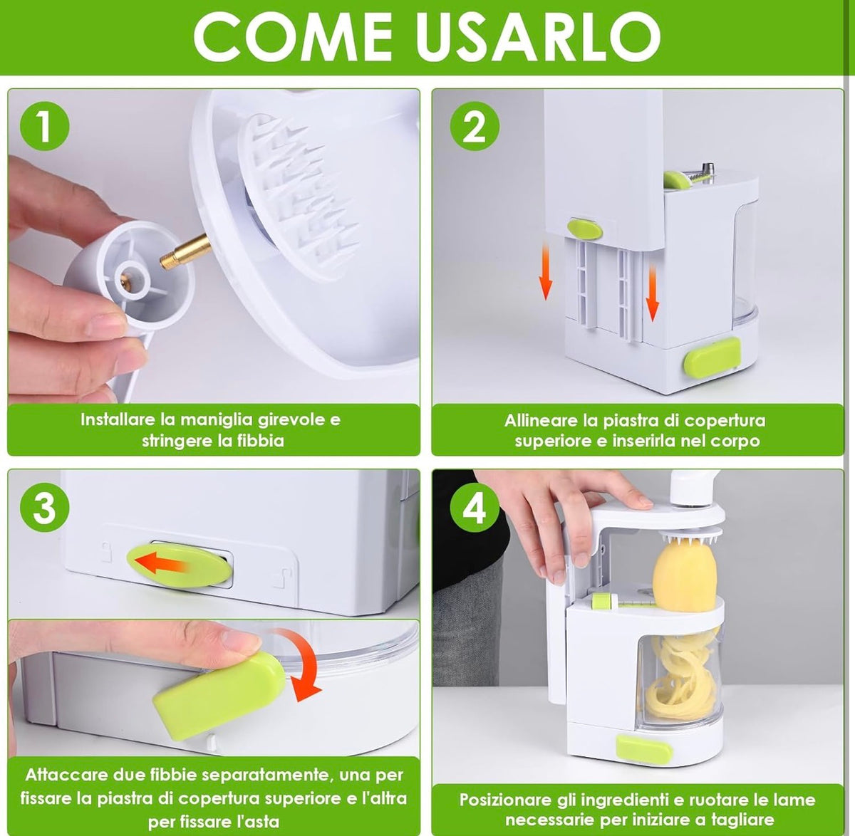 Spiralizzatore 4 in 1 per spaghetti di zucchine con contenitore di raccolta